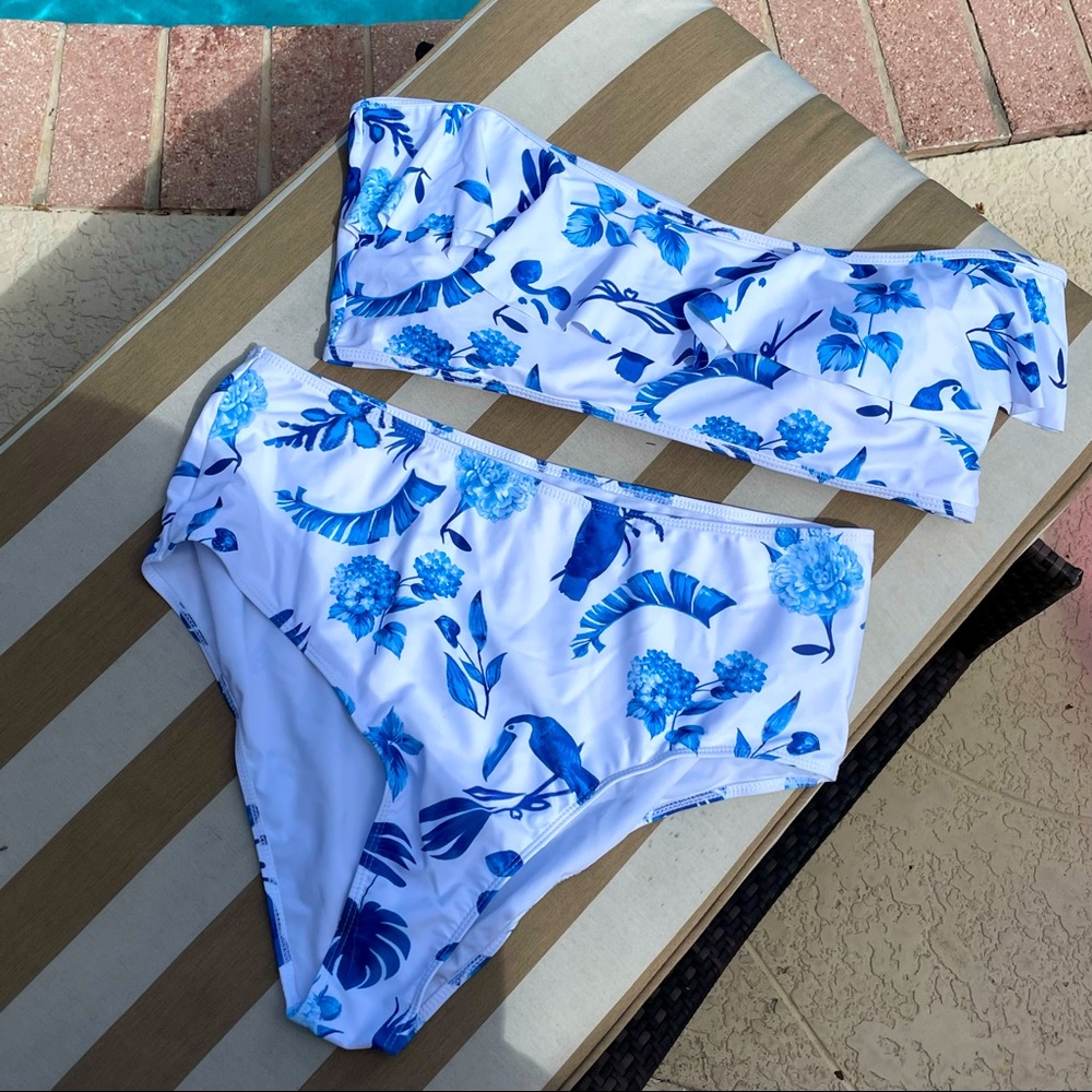 Blue Tropical Print High Waisted / Bandeau Bikini Set
